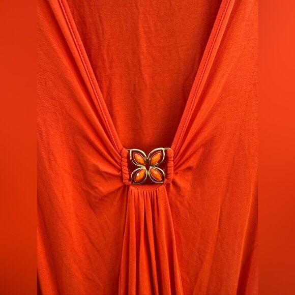 Trina Turk Women's Orange Cold Shoulder V Neck Medallion Mini Dress Size Small - Picture 2 of 5